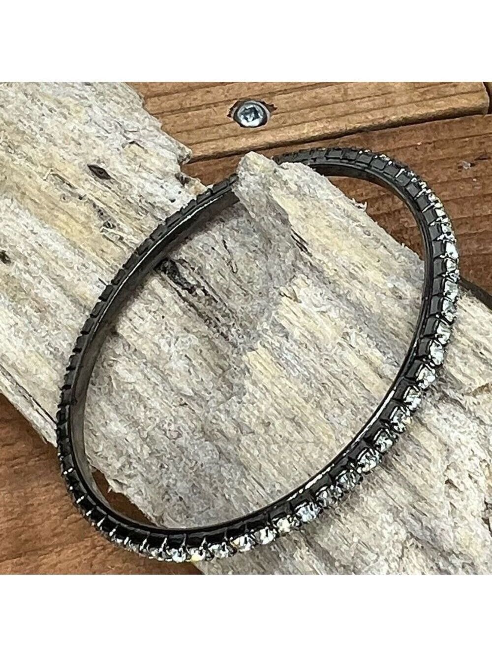 Antique Silver Clear Swarovski Crystal Bangle Bracelet